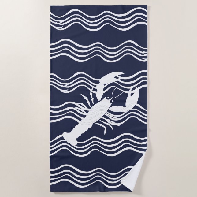 Nautical Lobster Navy Blue White Wave Stripes Beach Towel (Front)