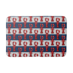 Nautical Lobsters on Navy Blue and Grey Stripes Bath Mat