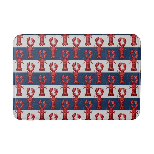 Nautical Lobsters on Navy Blue and Grey Stripes Bath Mat (Front)