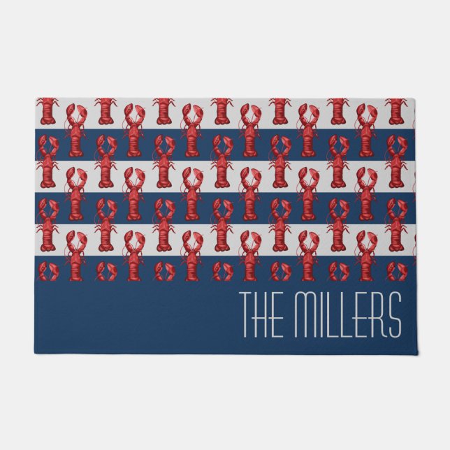 Nautical Lobsters on Navy Blue and Grey Stripes Doormat (Front)
