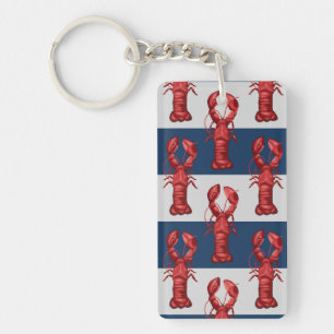 Nautical Lobsters on Navy Blue and Grey Stripes Keychain