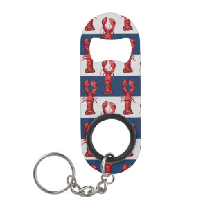 Nautical Lobsters on Navy Blue and Grey Stripes Keychain Bottle Opener