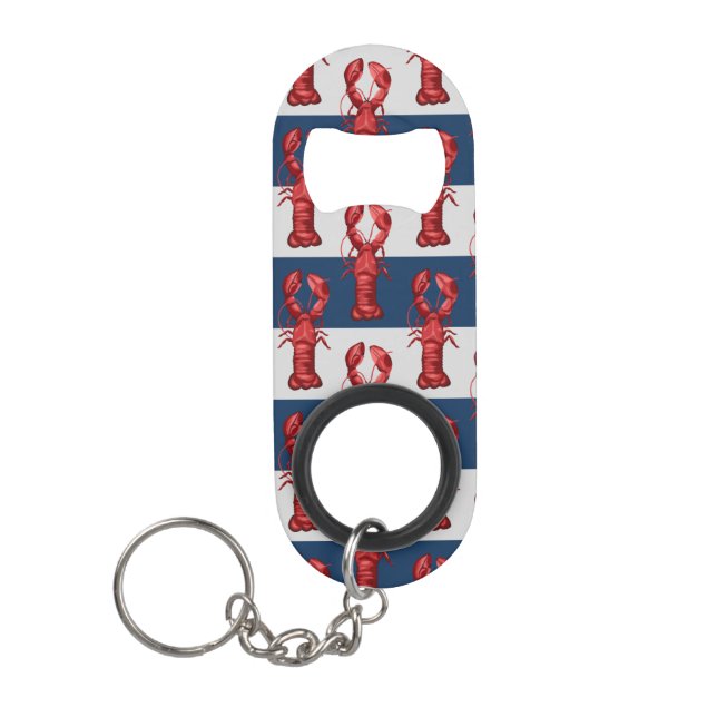 Nautical Lobsters on Navy Blue and Grey Stripes Keychain Bottle Opener (Front)