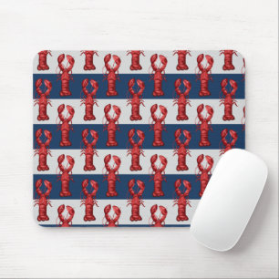 Nautical Lobsters on Navy Blue and Grey Stripes Mouse Pad