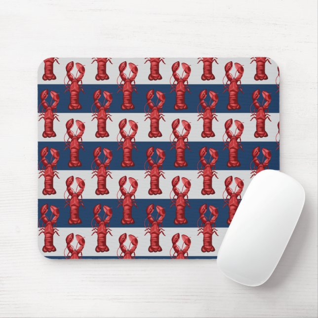 Nautical Lobsters on Navy Blue and Grey Stripes Mouse Pad (With Mouse)