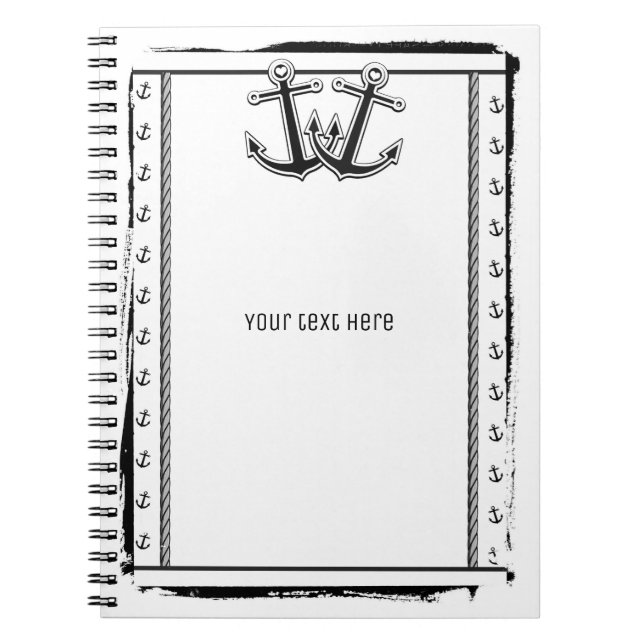 Nautical Love Anchors Beach Black & White Chic Notebook (Front)