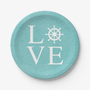 Nautical Love Blue Turquoise Ship Wheel Teal Paper Plate