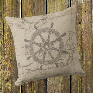 Nautical map with ship's wheel throw pillow