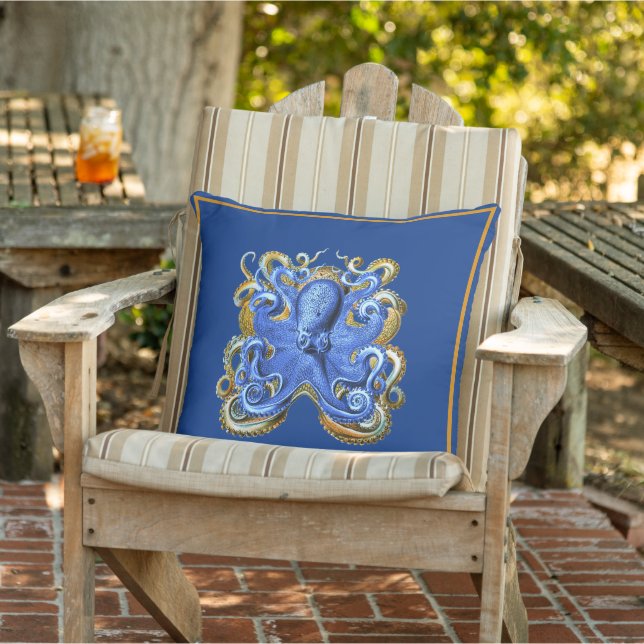 Nautical Marine Beach House Octopus Blue Elegant  Outdoor Pillow (Chair)