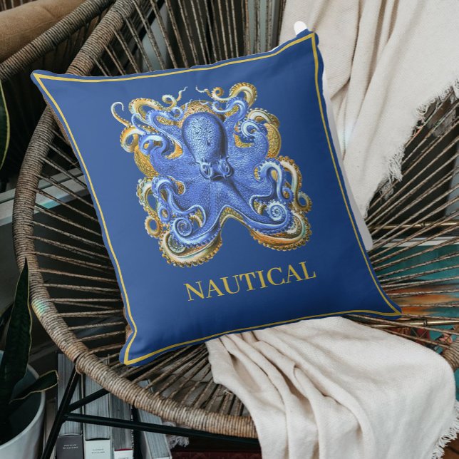 Nautical Marine Blue Octopus Boat Beach House Outdoor Pillow (Creator Uploaded)