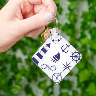 Nautical Marine Elements Navy Blue Coastal Icons Keychain