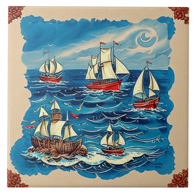 Nautical Marine Life traditional ceramic art no 2 Tile (Front)