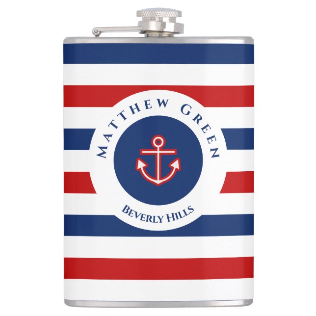 Nautical Marine Navy Blue Red White Stripes Anchor Hip Flask (Front)