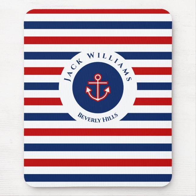Nautical Marine Navy Blue Red White Stripes Anchor Mouse Pad (Front)