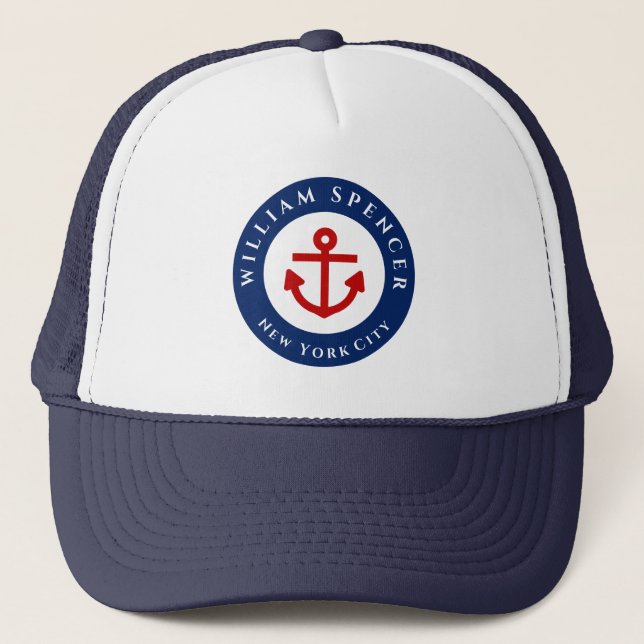 Nautical Marine Navy Blue Red White Stripes Anchor Trucker Hat (Front)