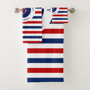 Nautical Marine Navy Blue Red White Stripes Bath Towel Set