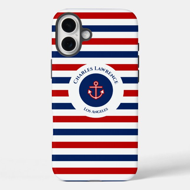 Nautical Marine Navy Blue Red White Stripes Case-Mate iPhone Case (Back)