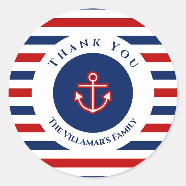 Nautical Marine Navy Blue Red White Stripes Classic Round Sticker (Front)