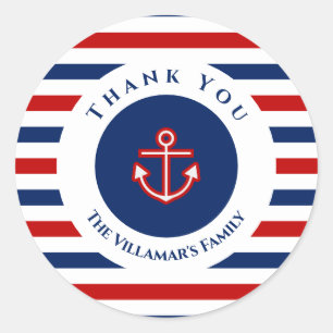 Nautical Marine Navy Blue Red White Stripes Classic Round Sticker