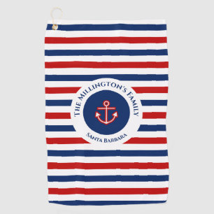 Nautical Marine Navy Blue Red White Stripes Golf Towel
