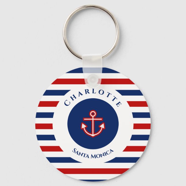 Nautical Marine Navy Blue Red White Stripes Keychain (Front)