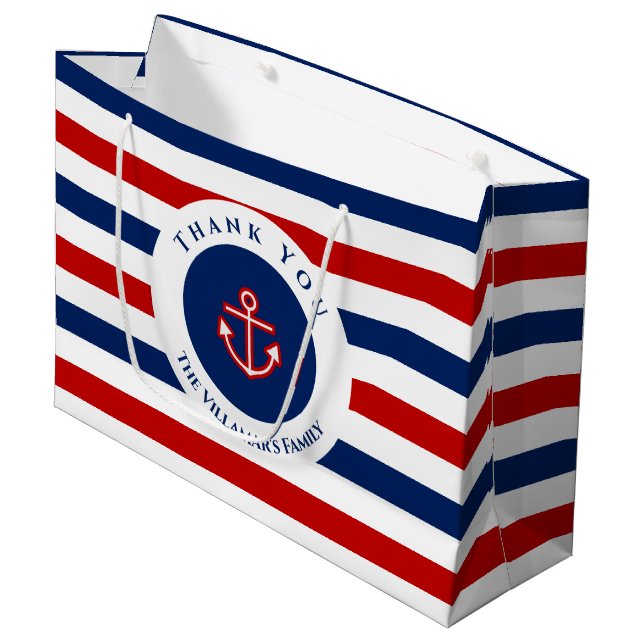 Nautical Marine Navy Blue Red White Stripes Large Gift Bag (Front Angled)