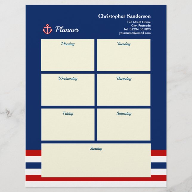 Nautical Marine Navy Blue Red White Stripes Letterhead (Front)