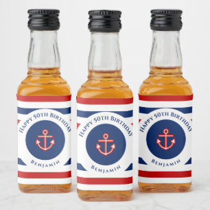Nautical Marine Navy Blue Red White Stripes Liquor Bottle Label