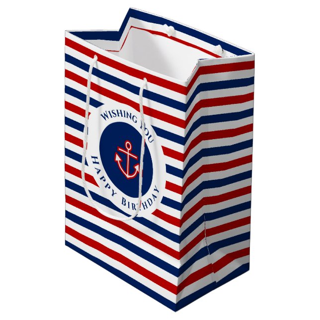 Nautical Marine Navy Blue Red White Stripes Medium Gift Bag (Front Angled)