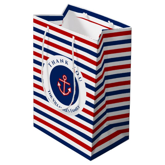 Nautical Marine Navy Blue Red White Stripes Medium Gift Bag (Back Angled)