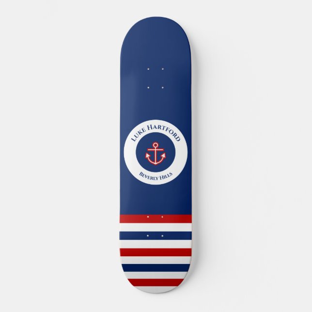 Nautical Marine Navy Blue Red White Stripes Skateboard (Front)