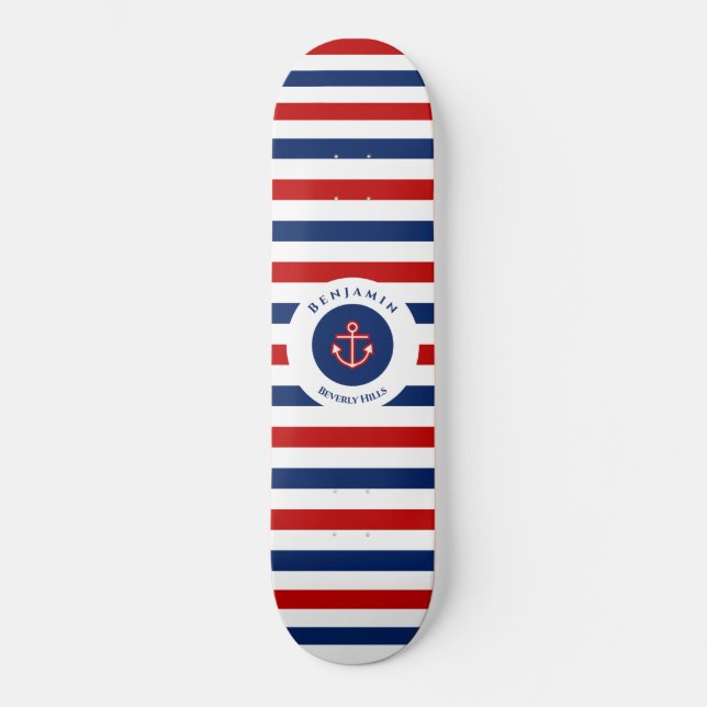 Nautical Marine Navy Blue Red White Stripes Skateboard (Front)