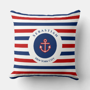 Nautical Marine Navy Blue Red White Stripes Throw Pillow