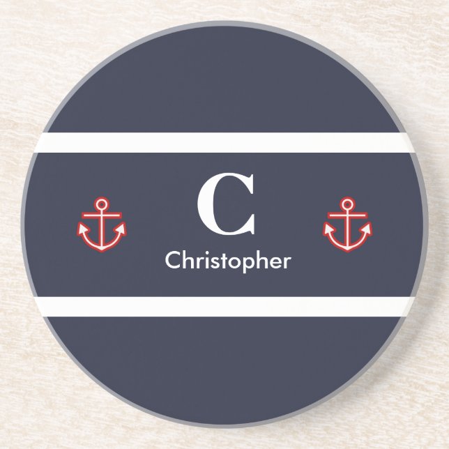 Nautical Marine Navy Blue White Stripes Coaster (Front)