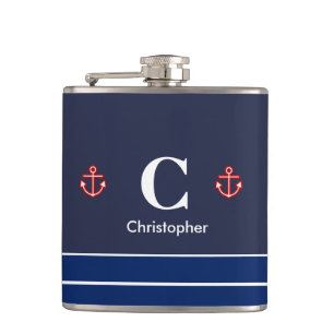 Nautical Marine Navy Blue White Stripes Hip Flask