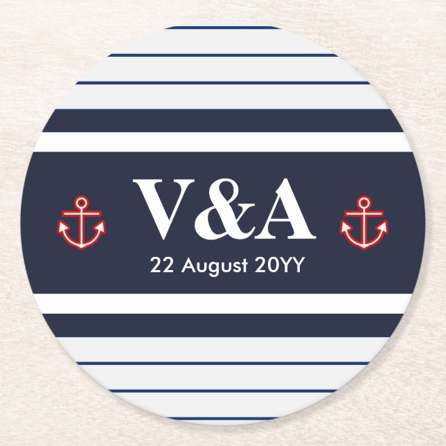 Nautical Marine Navy Blue White Stripes Round Paper Coaster (Front)