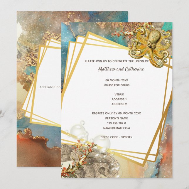 Nautical marine reef octopus watercolor sea life invitation (Front/Back)