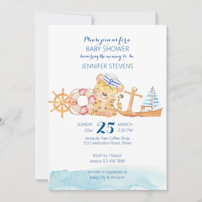Nautical marine sailing theme pastel watercolor invitation (Front)