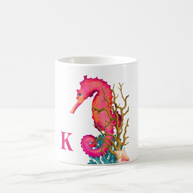Nautical Marine Seahorse Pink White Chic  Coffee Mug (Center)