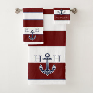Nautical Maroon Navy Anchor Coastal Monogram Name  Bath Towel Set