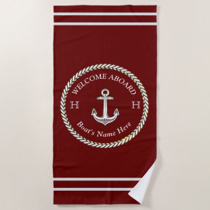 Nautical Maroon Red Boat Name Anchor Rope Beach Towel