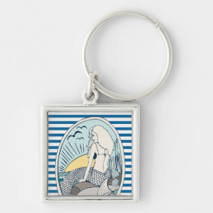 Nautical Mermaid Blue and White Stripe Keychain