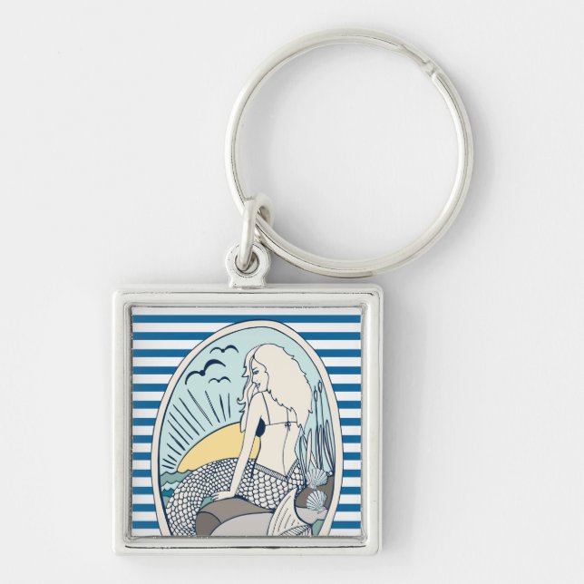 Nautical Mermaid Blue and White Stripe Keychain (Front)
