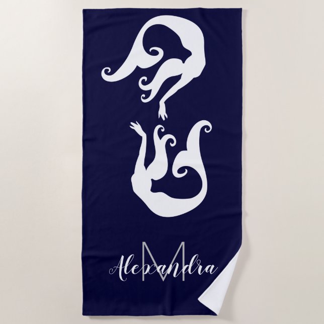 Nautical Mermaid Coastal Navy Blue White  Beach Towel (Front)