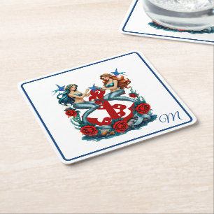 Nautical Mermaid Floral Red Blue  Square Paper Coaster