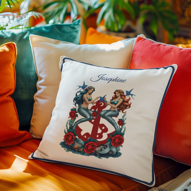Nautical Mermaid Floral Red Blue  Throw Pillow (Creator Uploaded)