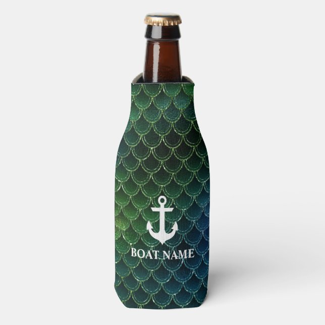 Nautical Mermaid Pattern Anchor Boat Name Bottle Cooler (Bottle Front)