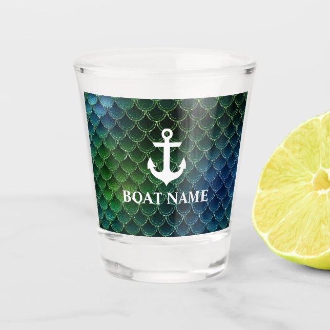 Nautical Mermaid Pattern Anchor Boat Name Shot Glass (Front)