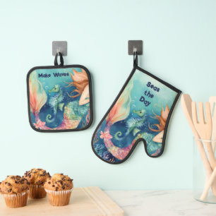 Nautical Mermaid Seahorse Inspirational Sayings Oven Mitt & Pot Holder Set