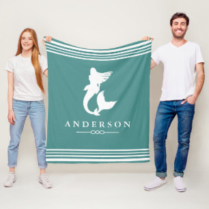 Nautical Mermaid Teal & White Stripes Fleece Blanket